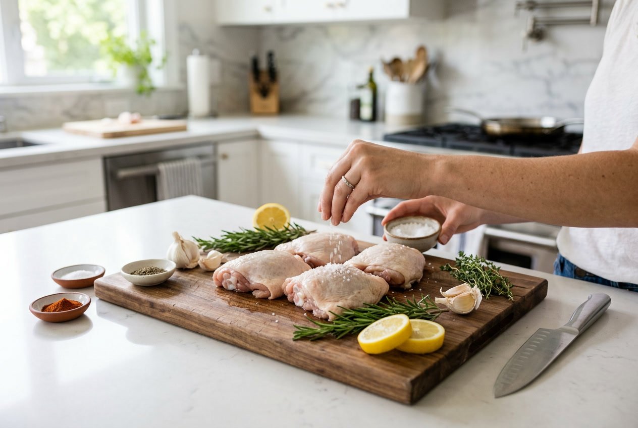Fresh raw chicken thighs on a wooden cutting board being seasoned with herbs and spices in a modern kitchen.