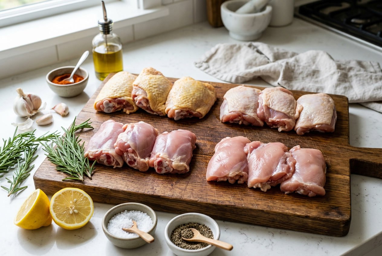 A variety of raw chicken thighs on a wooden cutting board surrounded by fresh herbs, garlic, lemon, and spices on a kitchen countertop.