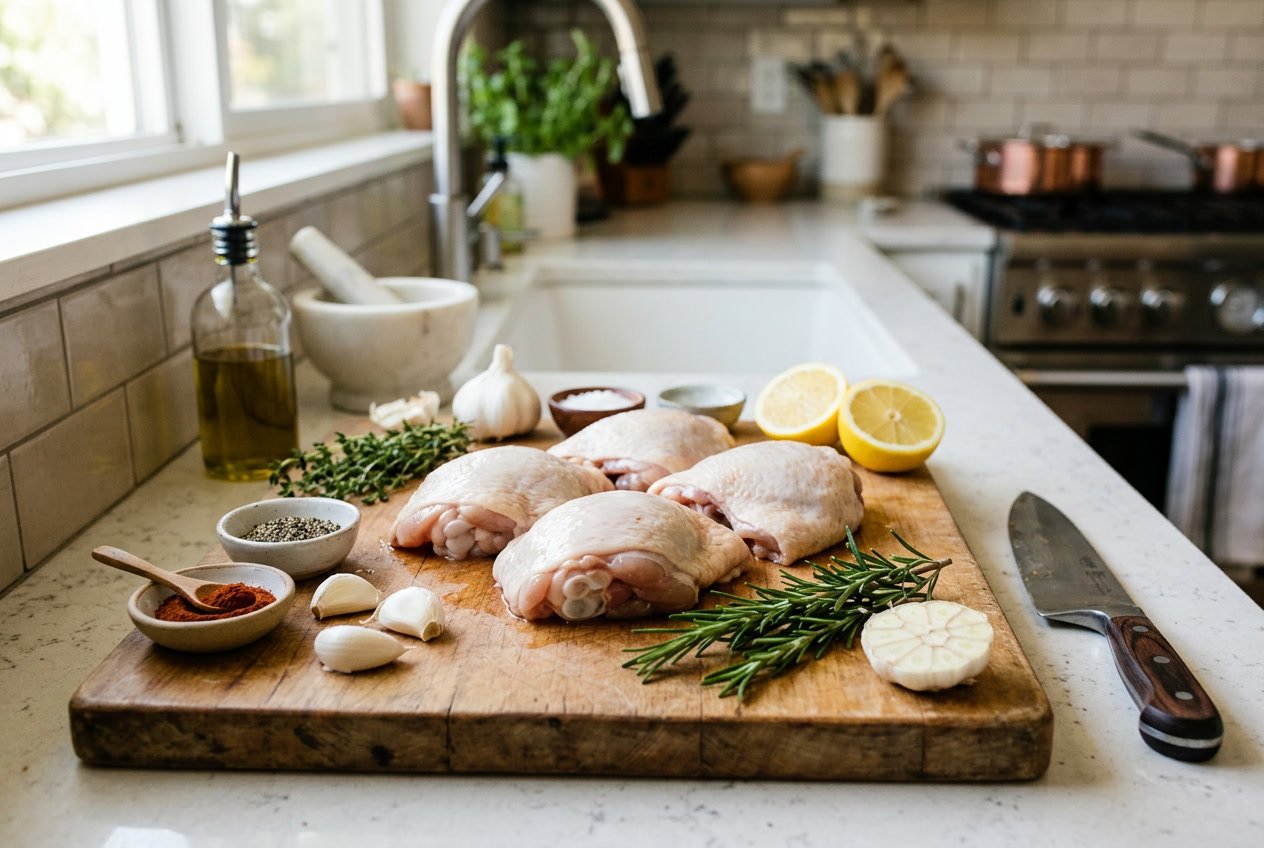 Raw chicken thighs on a cutting board with garlic, rosemary, lemon, and seasonings in a kitchen setting.