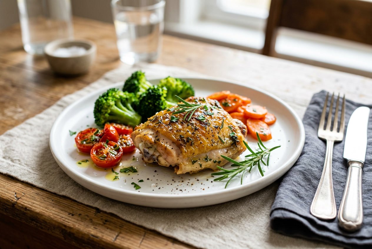 A cooked chicken thigh garnished with fresh herbs on a white plate, surrounded by fresh vegetables.