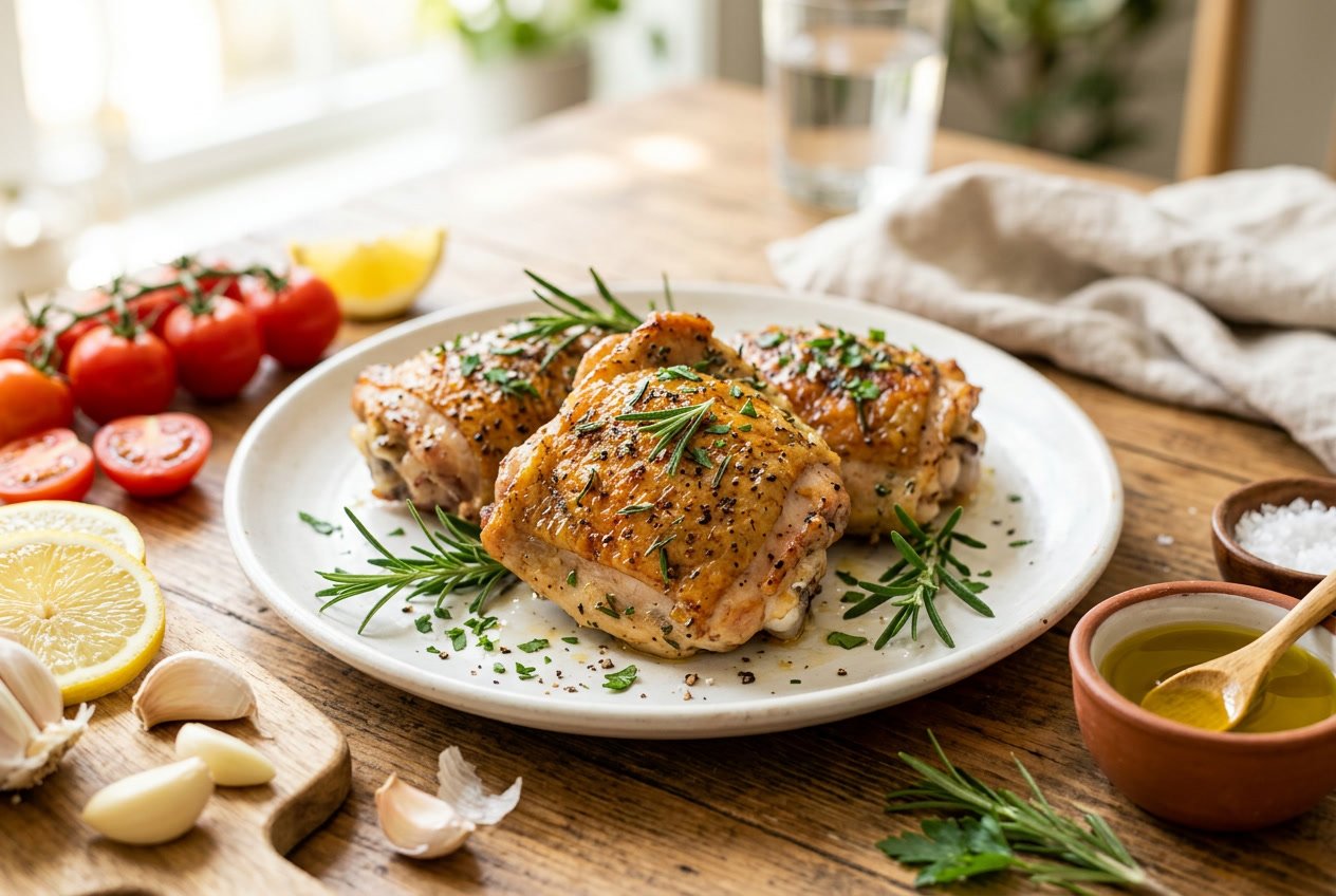 Close-up of cooked chicken thighs on a white plate garnished with fresh herbs, surrounded by lemon slices, cherry tomatoes, garlic, and olive oil.