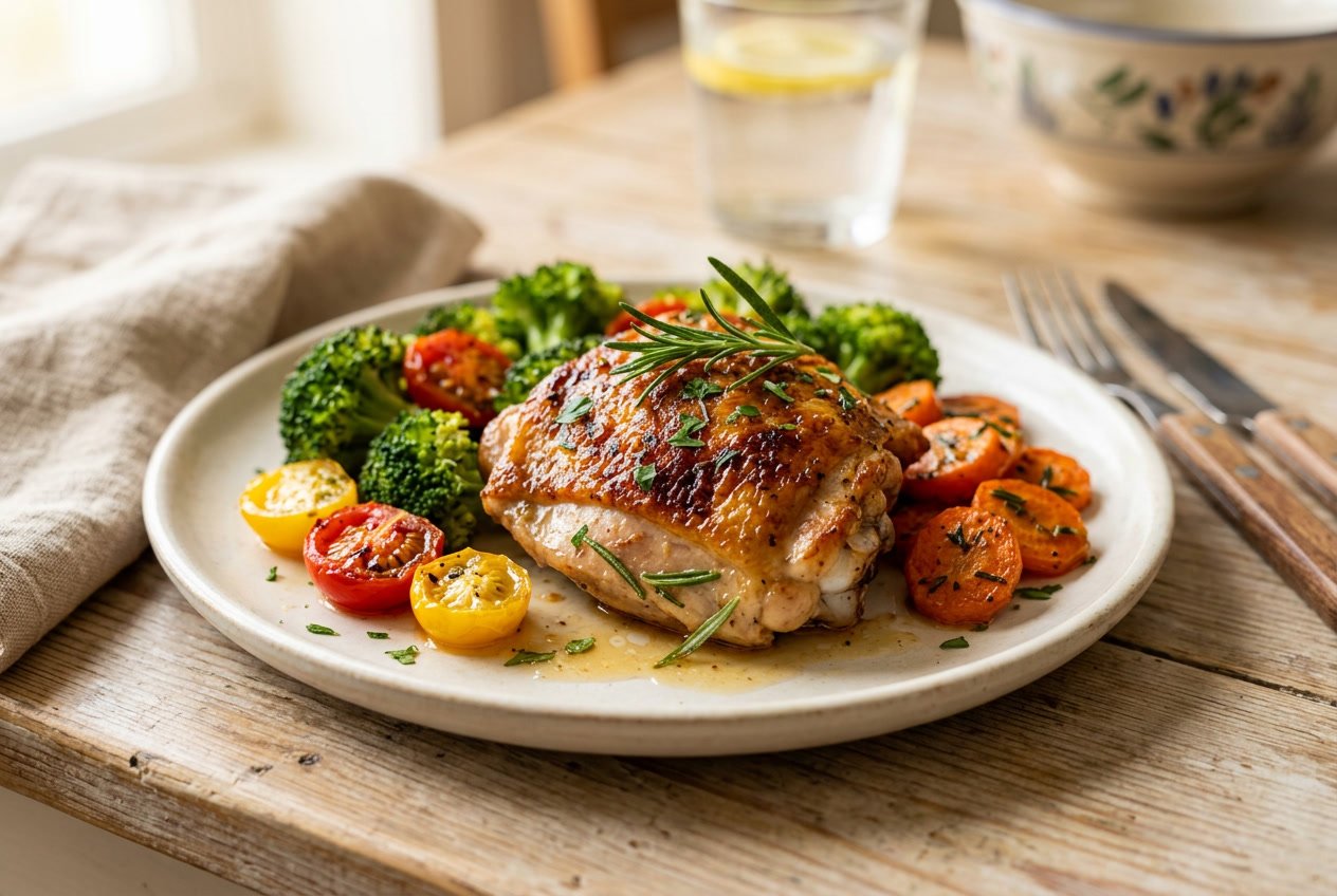 A cooked chicken thigh on a white plate garnished with herbs, surrounded by fresh vegetables.