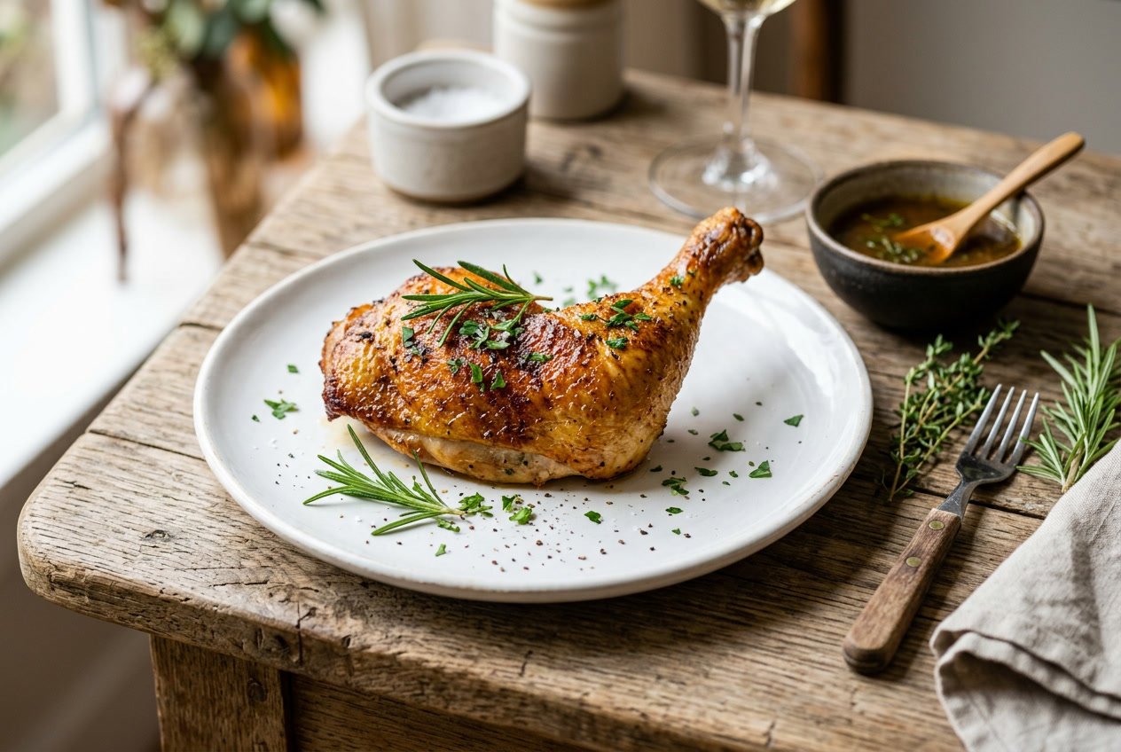 A golden brown cooked chicken leg piece on a white plate garnished with fresh herbs on a wooden table.