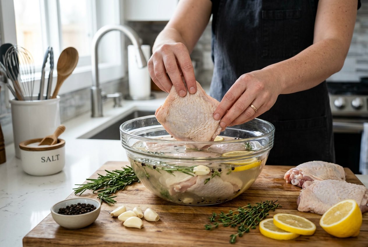 Hands placing raw chicken thighs into a bowl of brine with herbs and lemon slices on a kitchen countertop.
