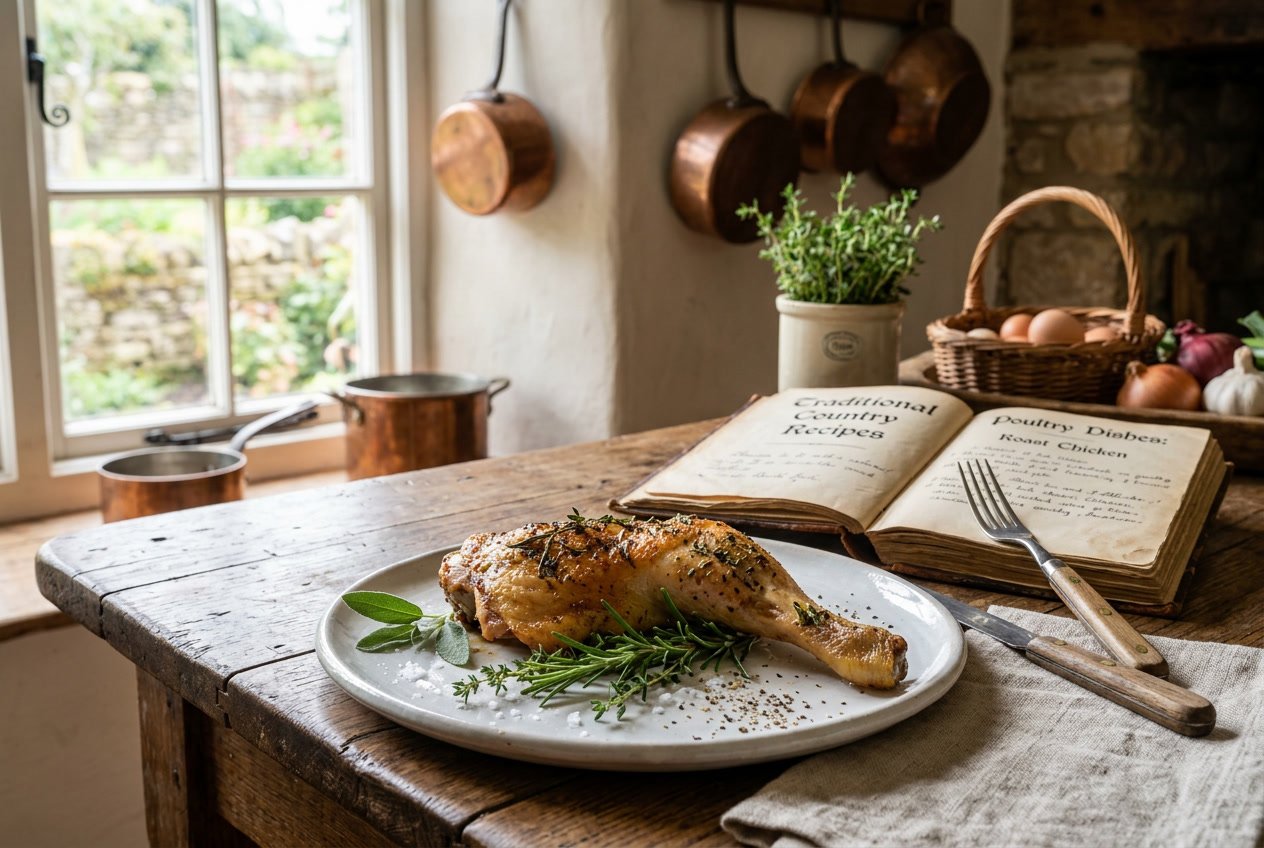 A cooked chicken leg piece on a plate with fresh herbs on a wooden table in a kitchen setting.