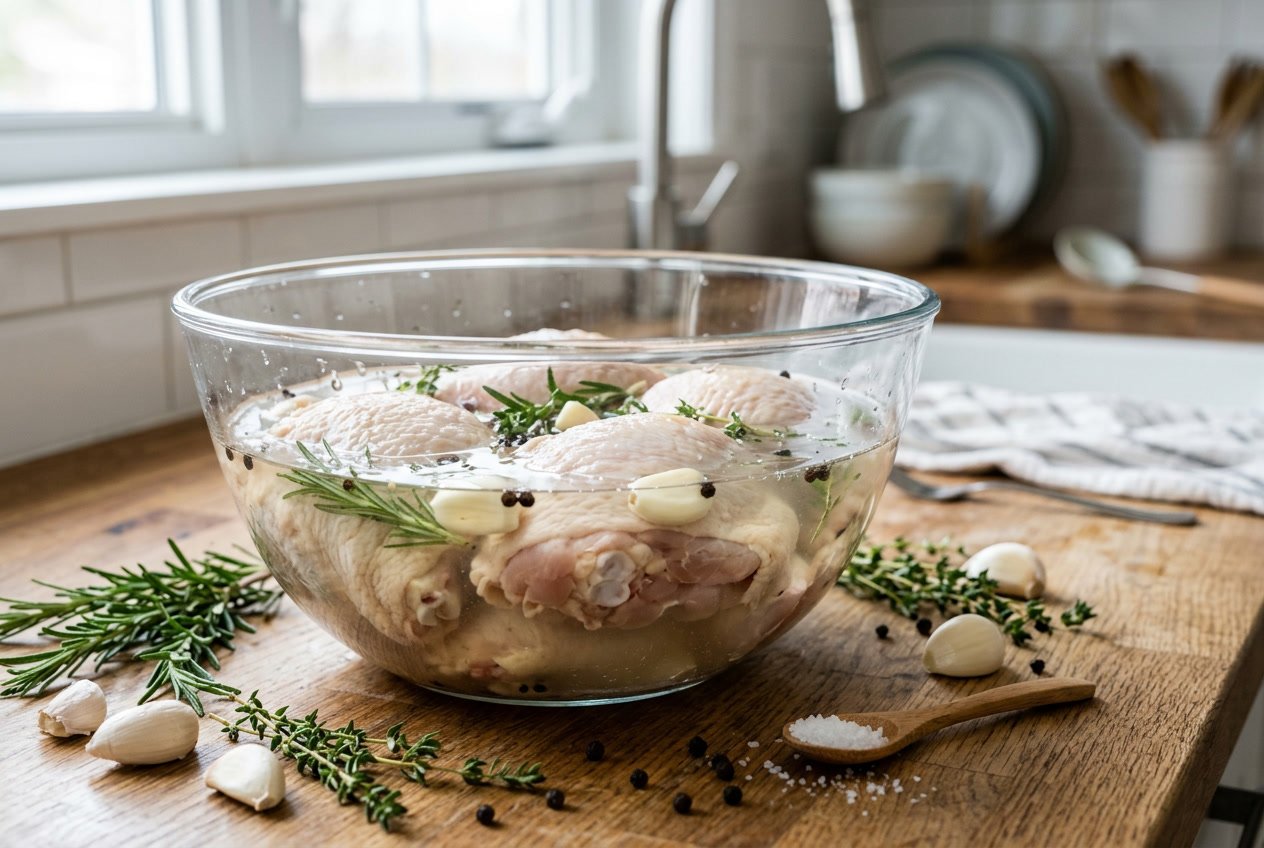 Raw chicken thighs soaking in a glass bowl of brine with herbs and garlic on a wooden kitchen countertop.