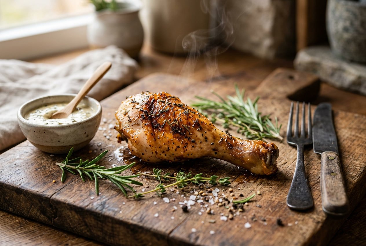 Close-up of a cooked chicken drumstick on a wooden cutting board with fresh herbs and a small bowl of sauce.