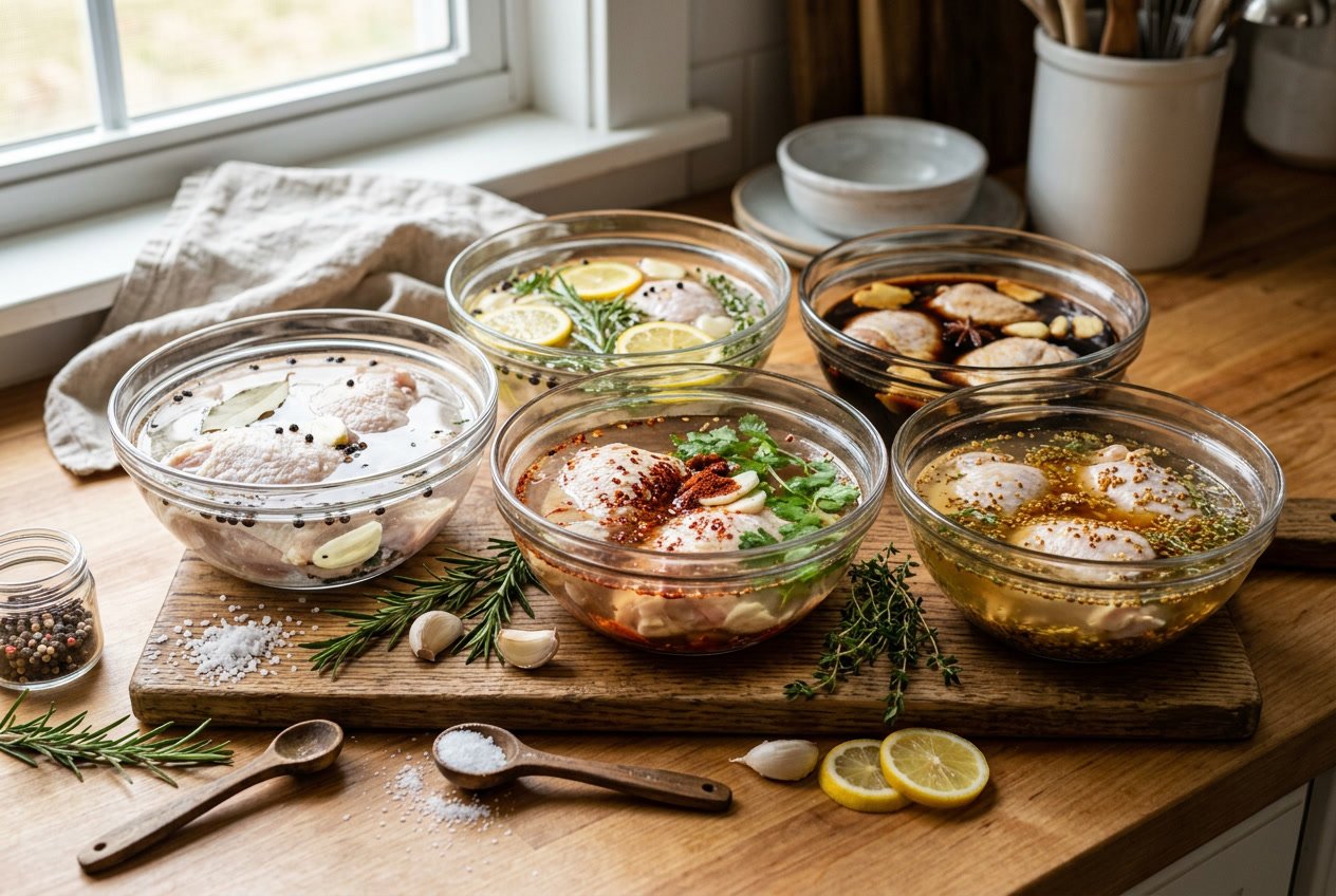 Several glass bowls with different brine solutions and raw chicken thighs on a kitchen countertop surrounded by herbs and spices.