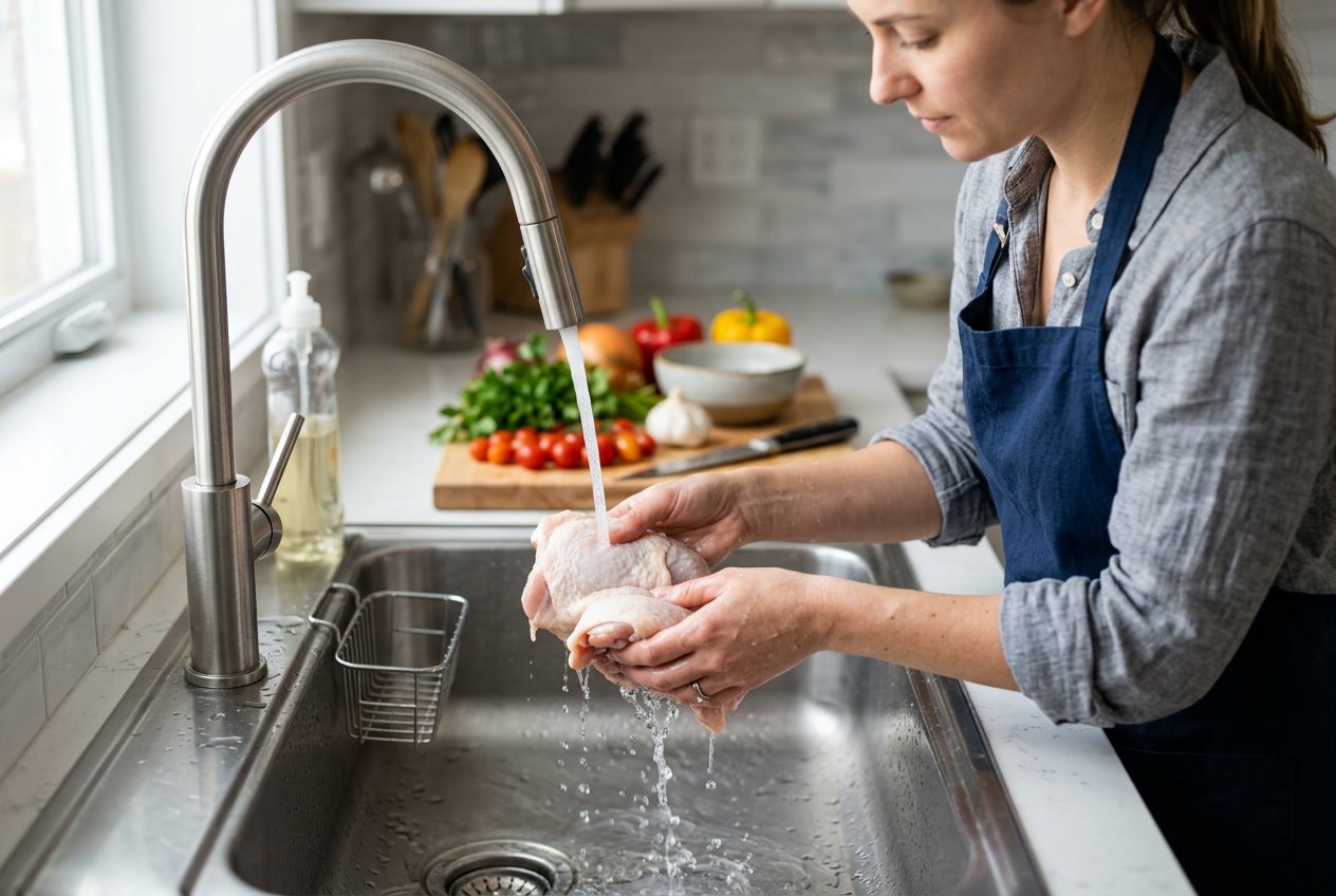 Hands washing raw chicken thighs under running water in a kitchen sink.