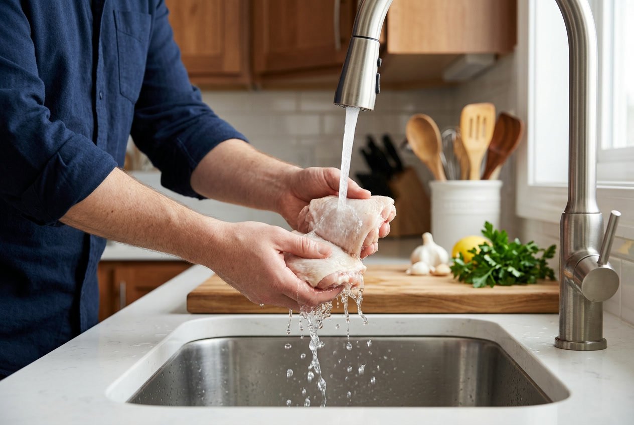 Hands washing raw chicken thighs under running water in a clean kitchen sink with fresh ingredients nearby.
