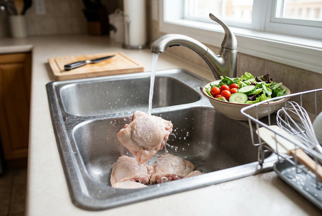 Raw chicken thighs in a kitchen sink with water splashing, surrounded by kitchen utensils and vegetables on the countertop.