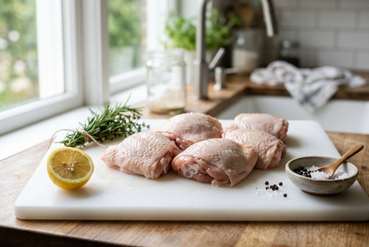 Close-up of raw chicken thighs on a white cutting board with herbs, lemon, and seasoning in a kitchen.