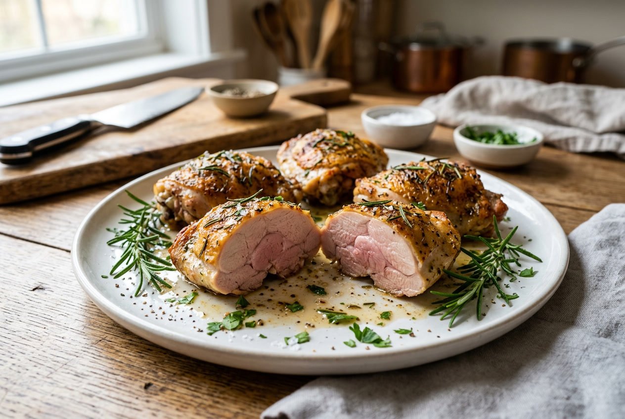 Cooked chicken thighs on a white plate, sliced open to show a slightly pink interior, garnished with fresh herbs.