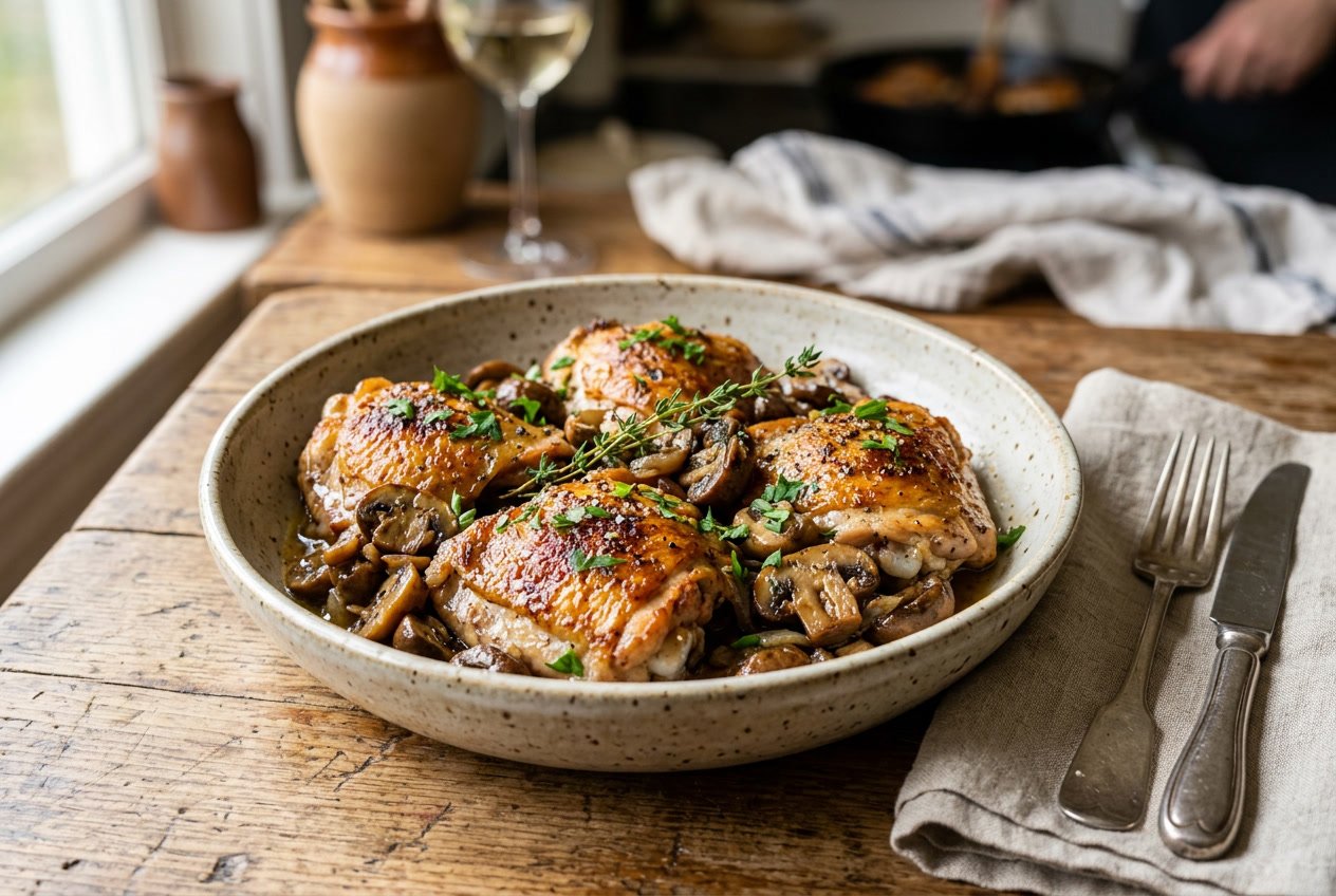 A bowl of cooked chicken thighs and mushrooms garnished with fresh herbs on a wooden table.