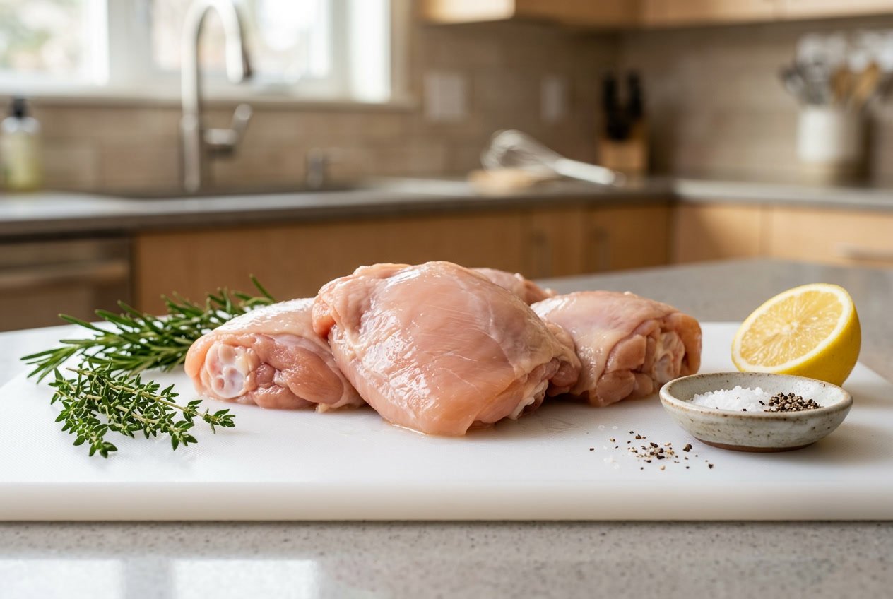 Close-up of raw pink chicken thighs on a cutting board with fresh herbs and a lemon wedge in a kitchen setting.