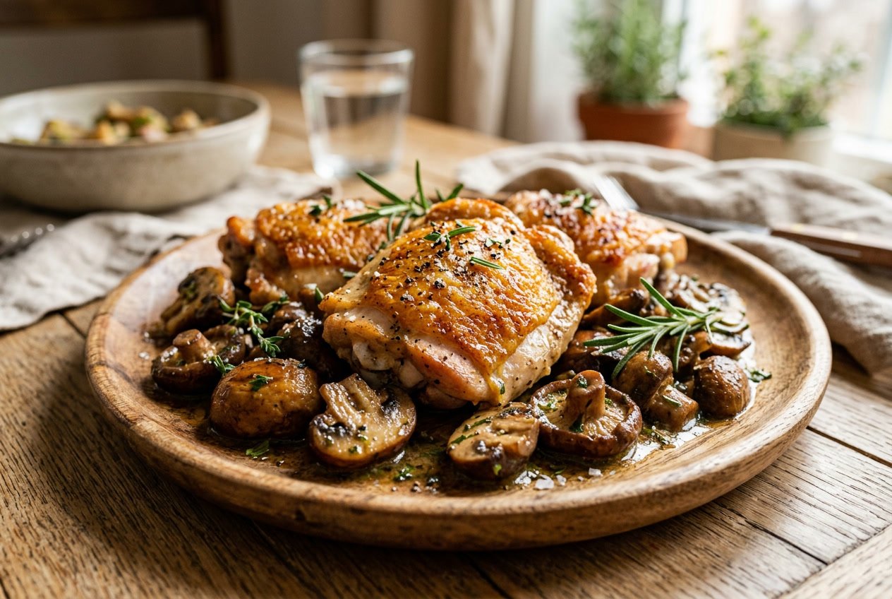 A plate with golden-brown chicken thighs and sautéed mushrooms garnished with fresh herbs on a wooden table.