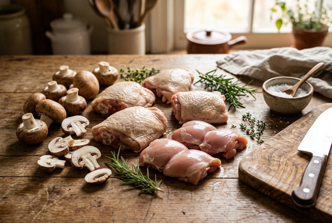 Raw chicken thighs and fresh mushrooms arranged on a wooden table with herbs and kitchen tools.
