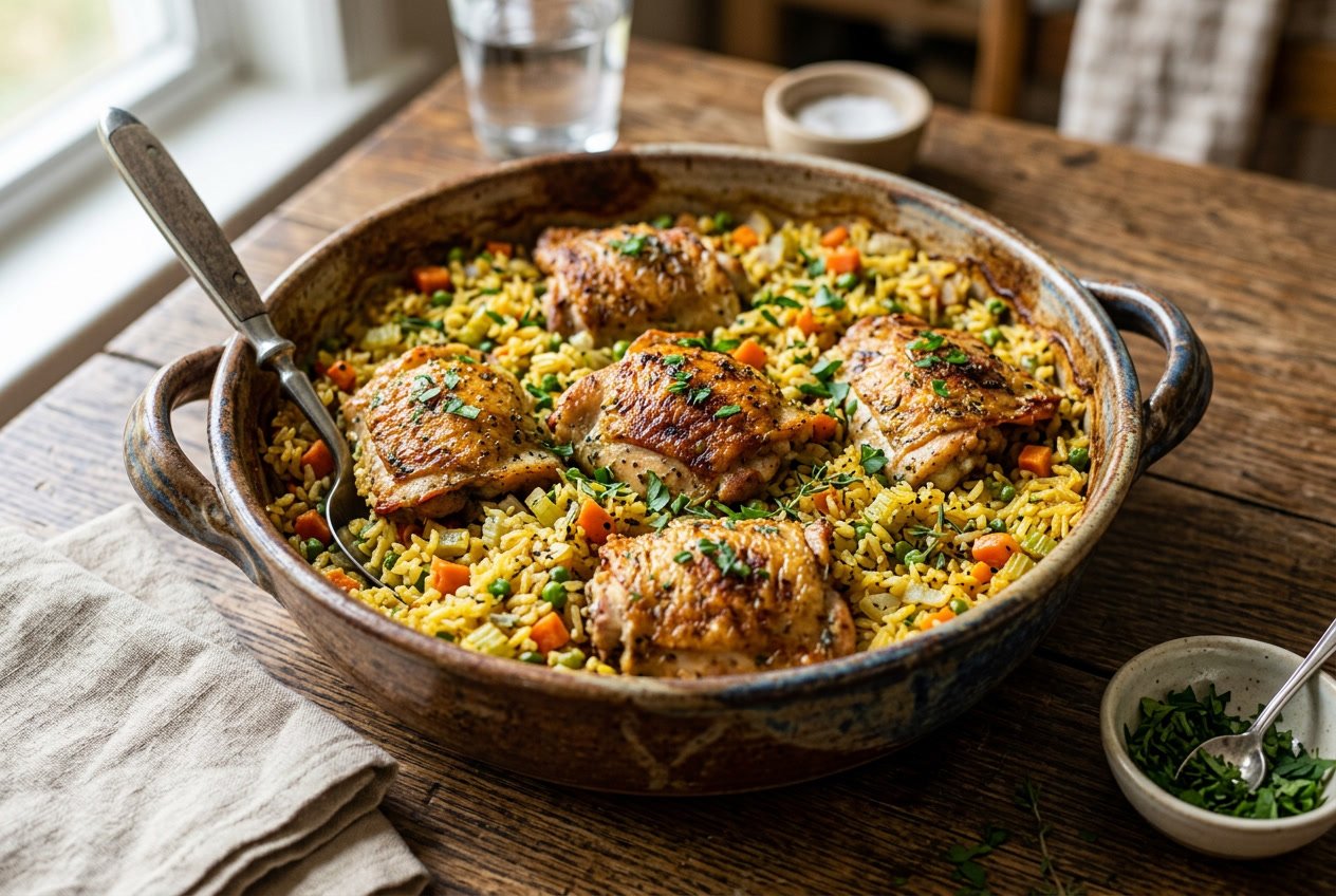 A baked chicken thighs and rice casserole in a ceramic dish on a wooden table with a serving spoon and fresh herbs nearby.