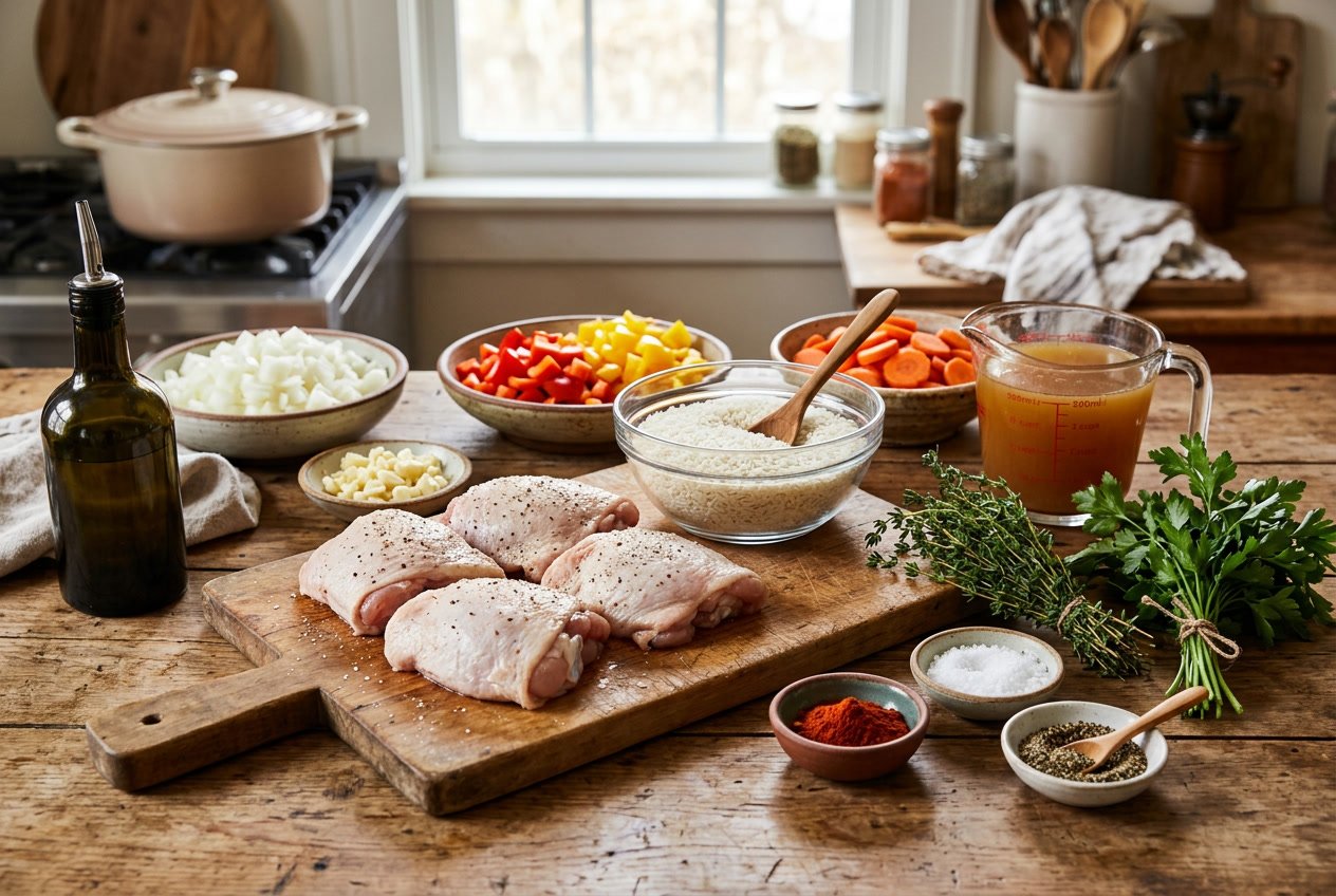 Raw chicken thighs, uncooked rice, fresh vegetables, herbs, and spices arranged on a wooden table for making a chicken thighs and rice casserole.