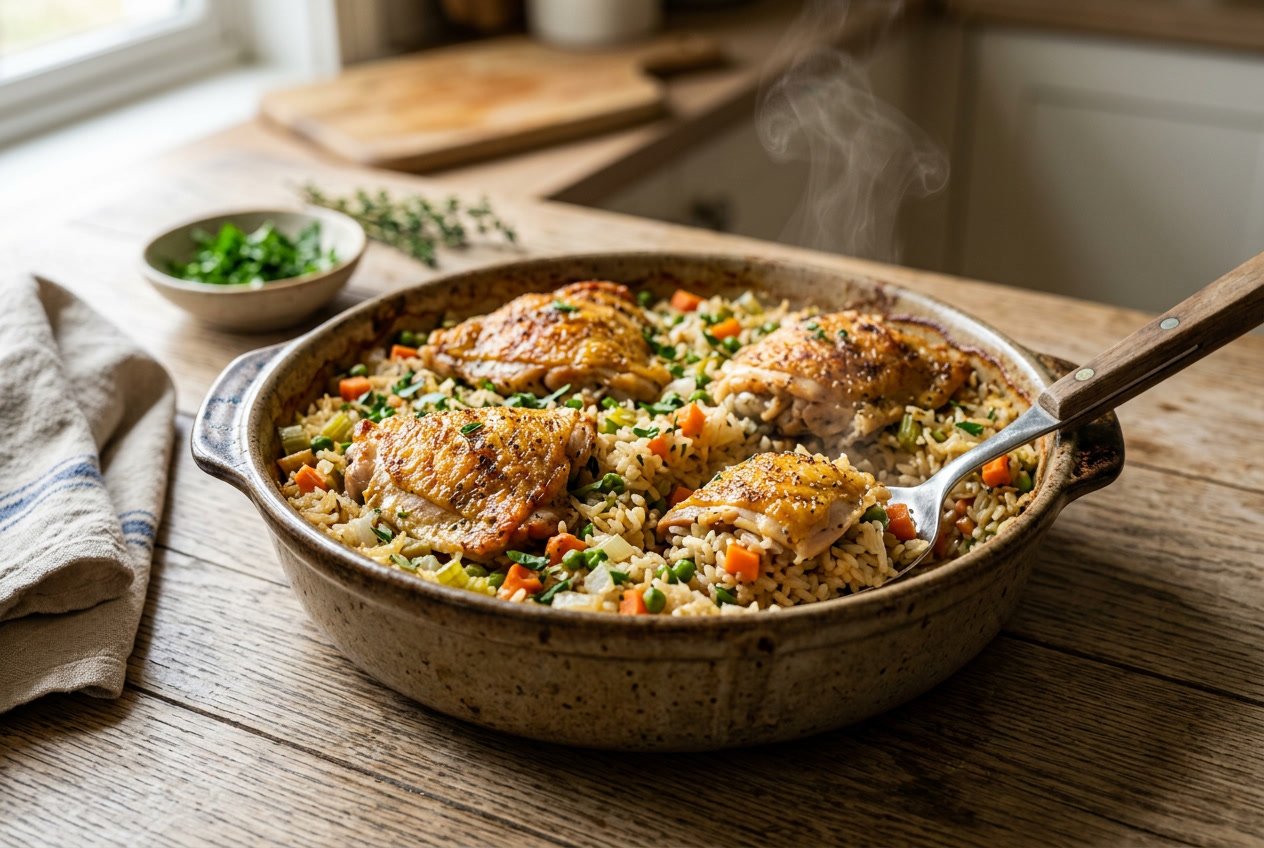 A freshly baked chicken thighs and rice casserole in a ceramic dish on a wooden table with a serving spoon and steam rising.