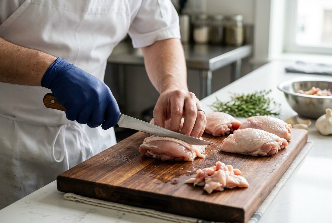 Hands trimming raw chicken thighs on a cutting board in a kitchen.