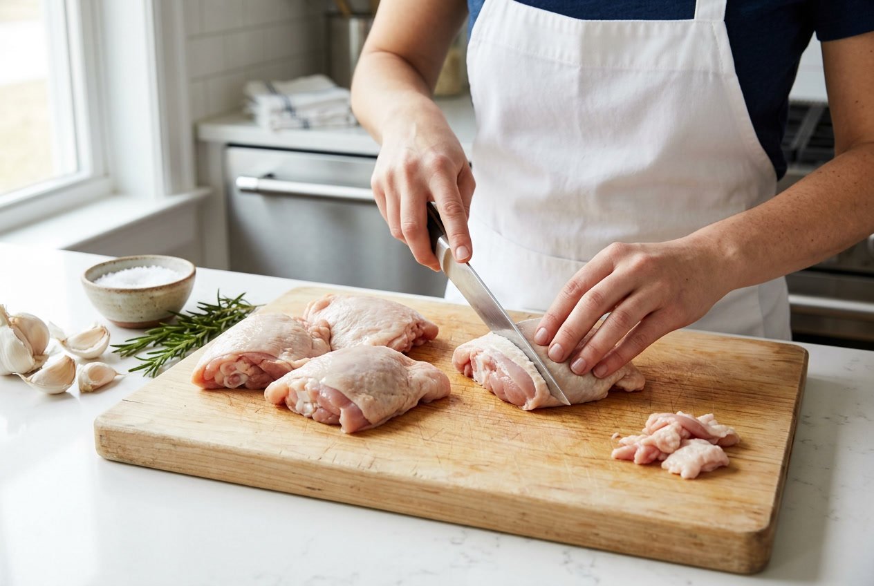 Close-up of hands trimming raw chicken thighs on a wooden cutting board with fresh herbs and garlic nearby.