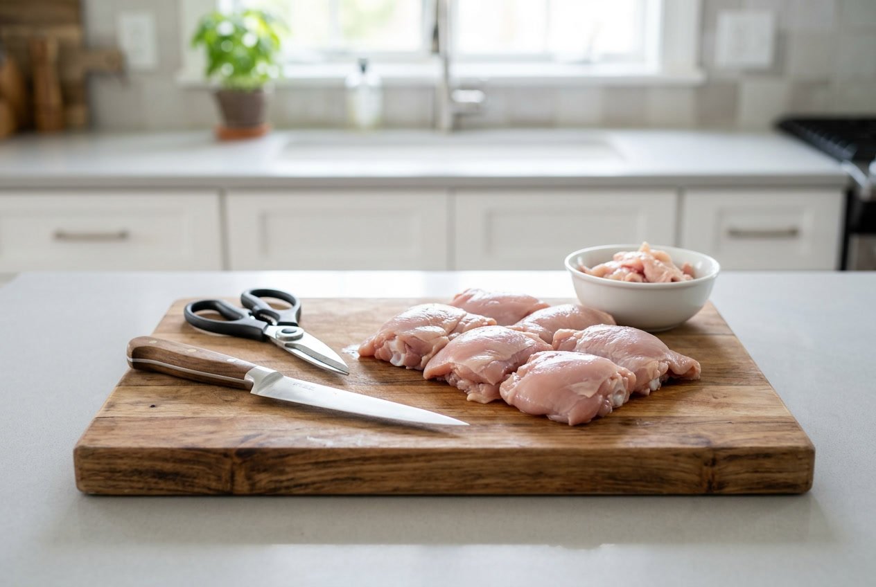 Kitchen countertop with raw chicken thighs on a cutting board surrounded by a boning knife, kitchen shears, and a bowl for trimmings.