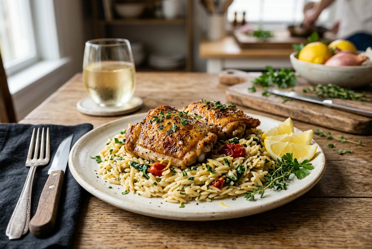 Plate of roasted chicken thighs served over orzo pasta garnished with fresh herbs and lemon wedges on a wooden table.
