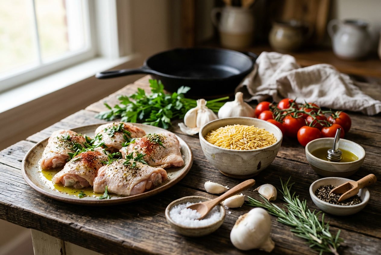 Raw chicken thighs, uncooked orzo pasta, fresh vegetables, herbs, and seasonings arranged on a wooden table.