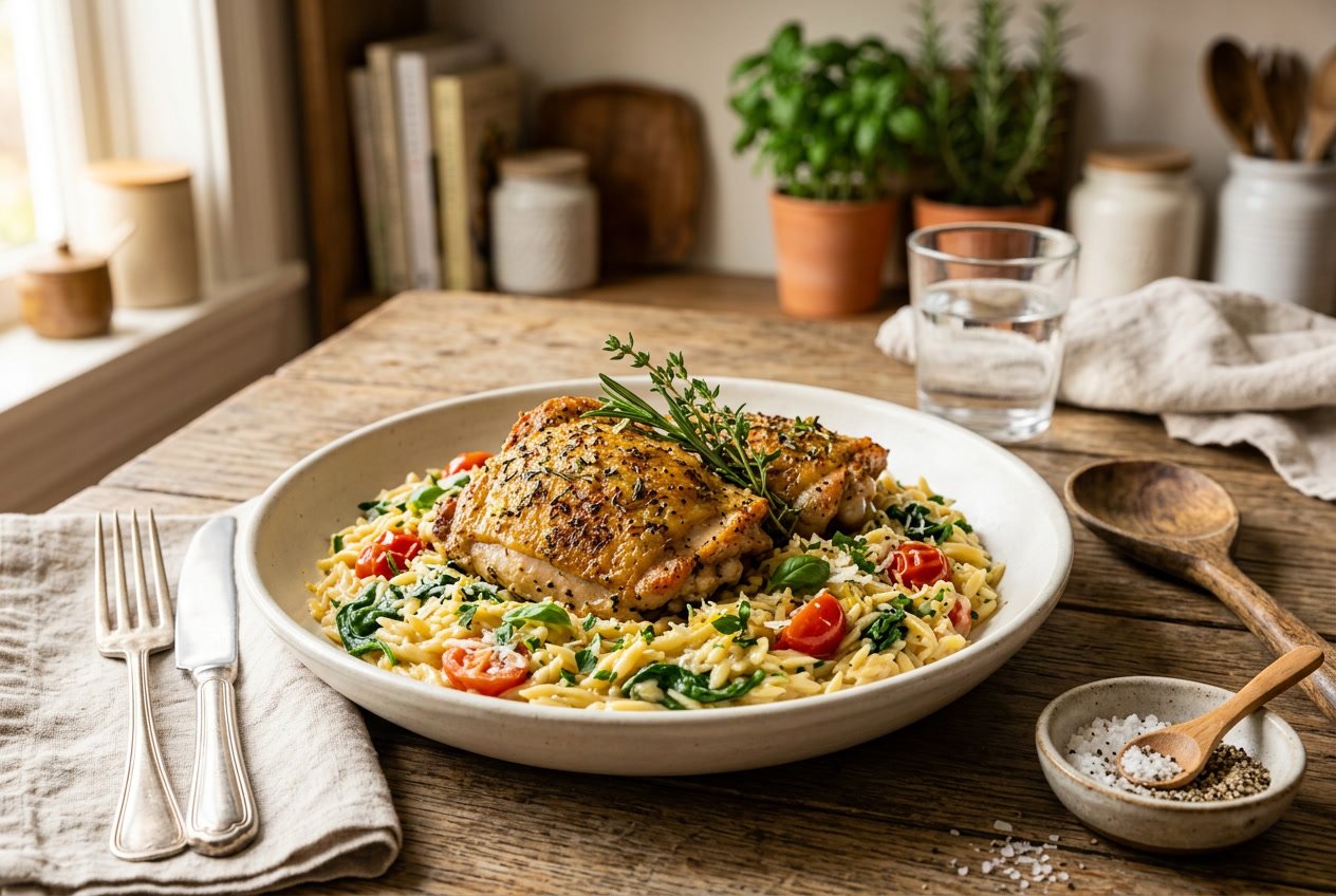 A plate with roasted chicken thighs and creamy orzo pasta with vegetables on a wooden table.