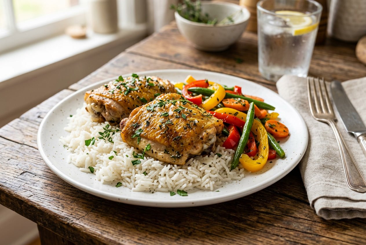 A plate of roasted chicken thighs served on white rice with sautéed vegetables on a wooden table.