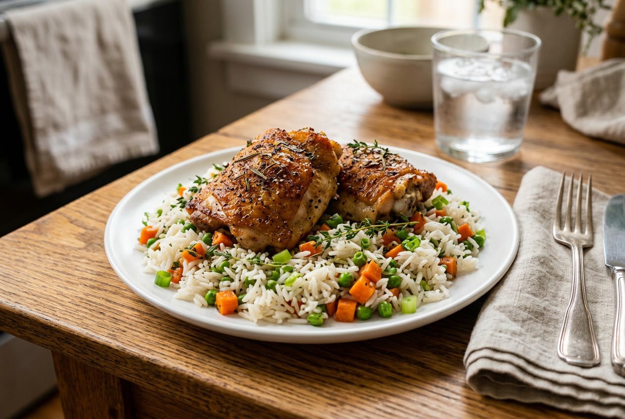 A plate of roasted chicken thighs served on white rice with vegetables on a wooden table.