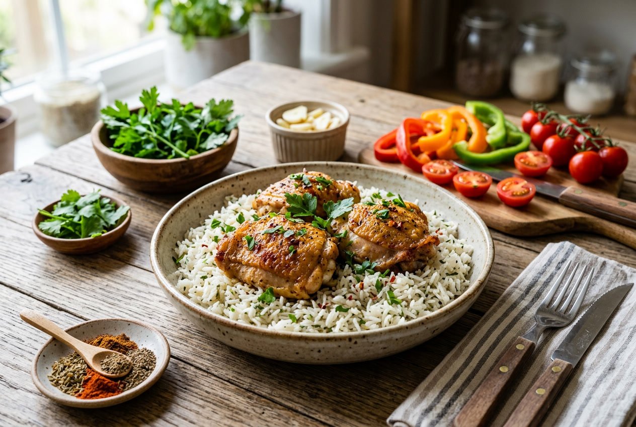 A plate of cooked chicken thighs on white rice with fresh herbs and ingredients on a wooden table.