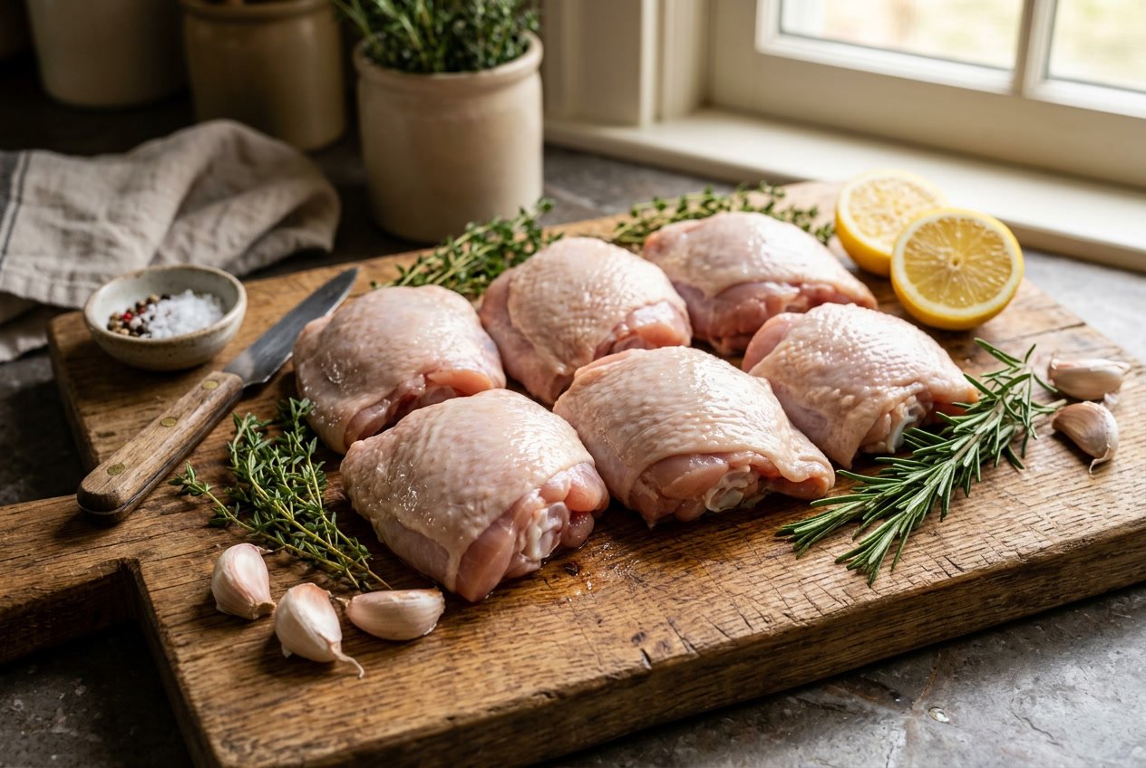 Raw chicken thighs arranged on a wooden cutting board with herbs, garlic, and lemon in a kitchen setting.