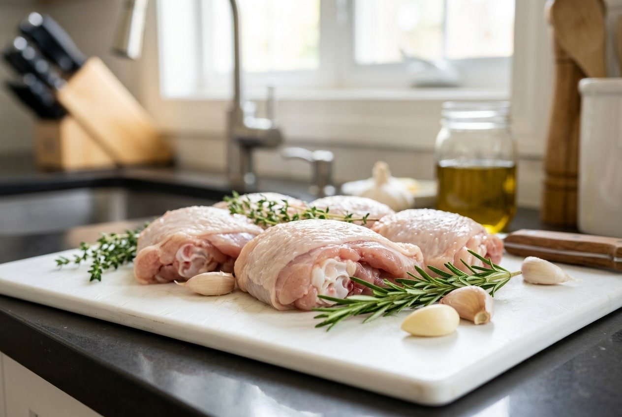 Close-up of raw chicken thighs on a cutting board with fresh herbs and garlic in a kitchen.