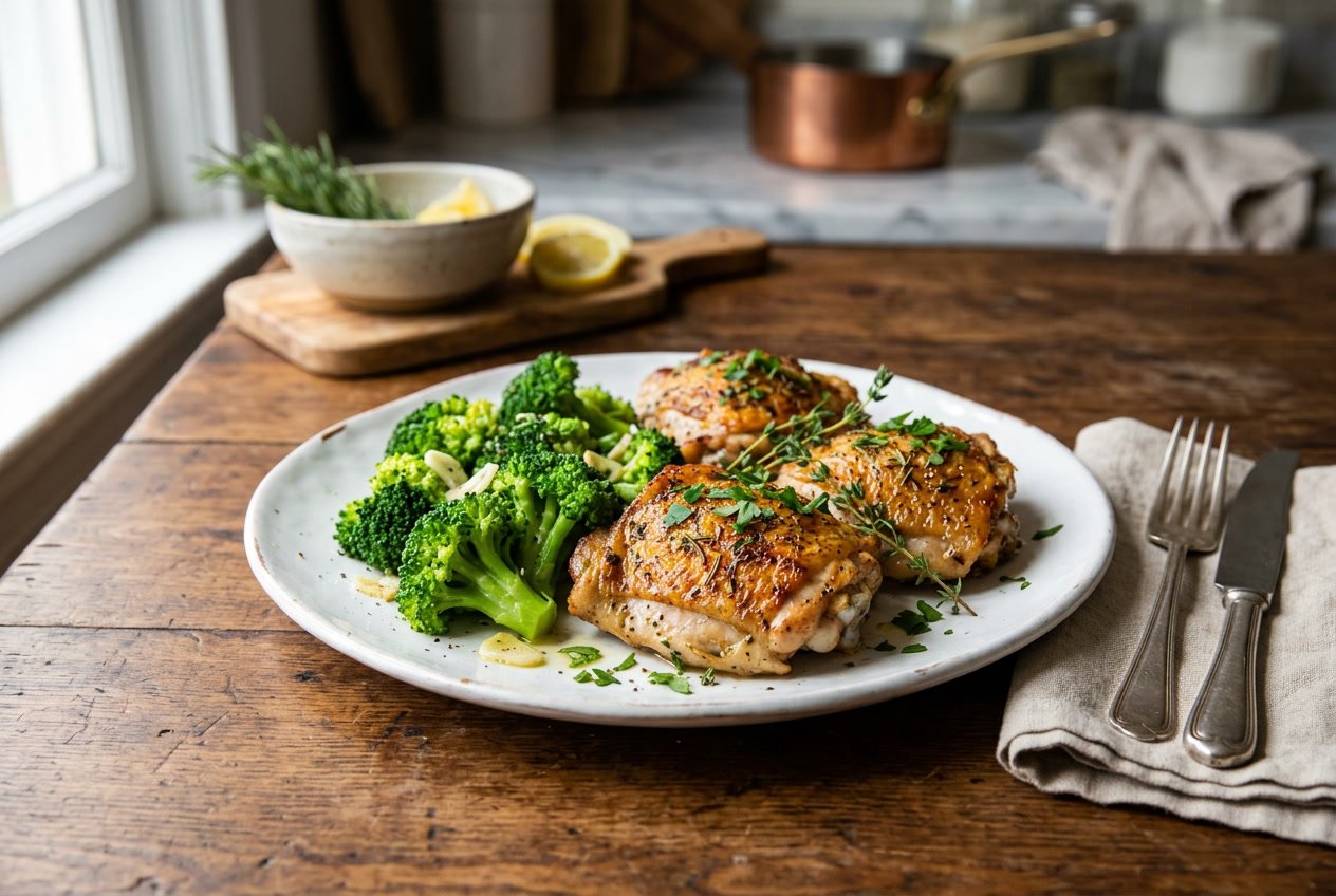 A plate with cooked chicken thighs and steamed broccoli on a wooden table.