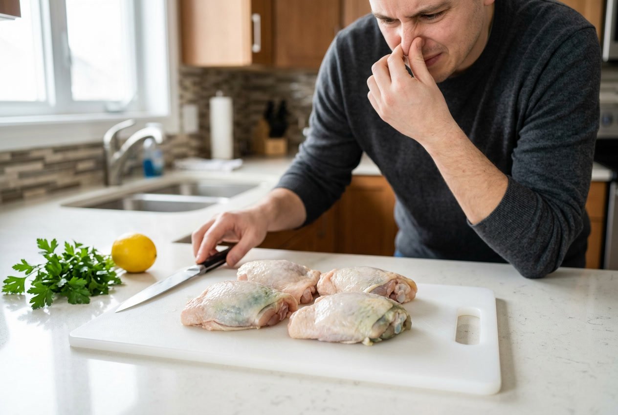 A person holding their nose near raw chicken thighs on a cutting board in a kitchen.