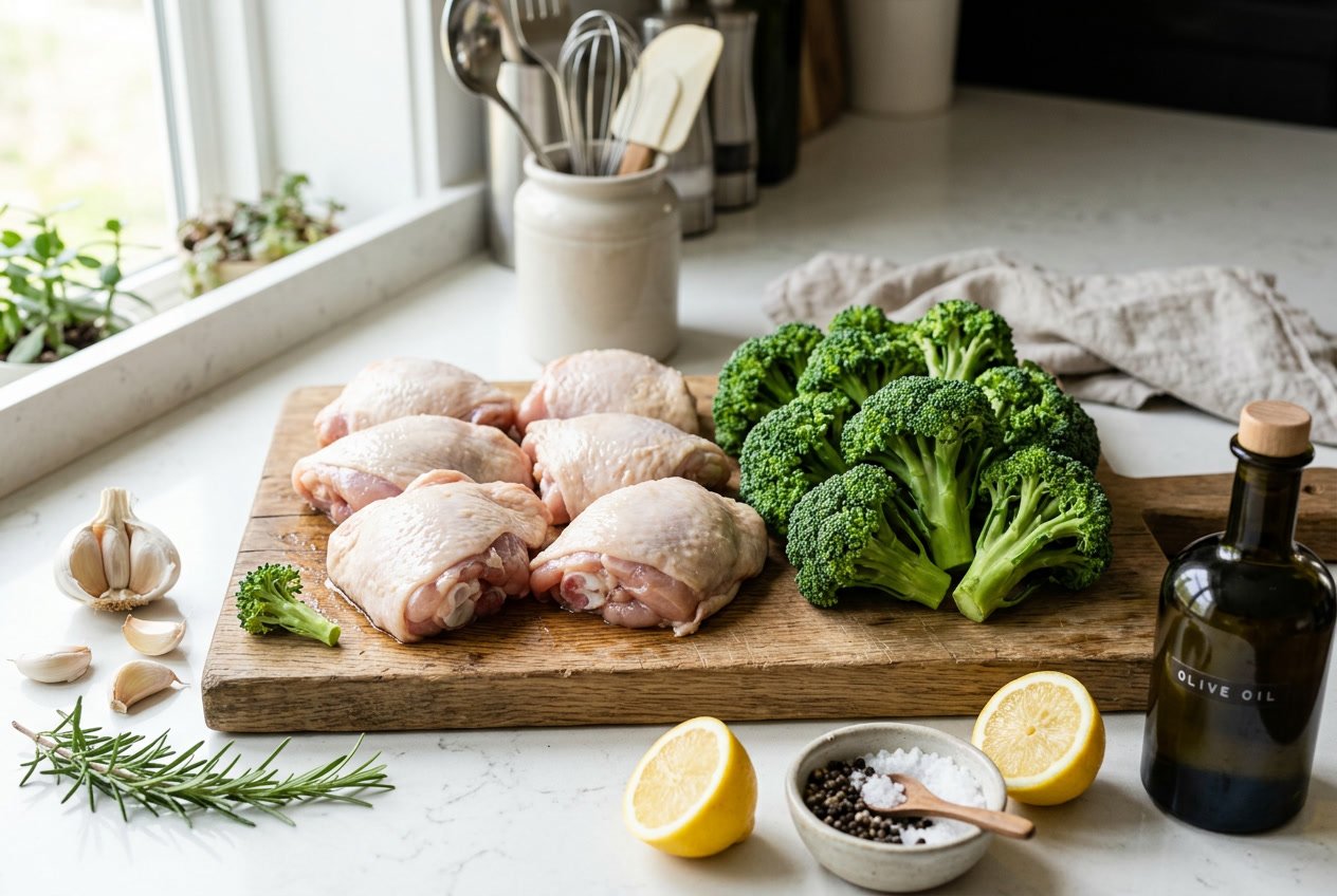 Raw chicken thighs and fresh broccoli arranged on a wooden cutting board with garlic, rosemary, lemon, salt, and olive oil nearby.