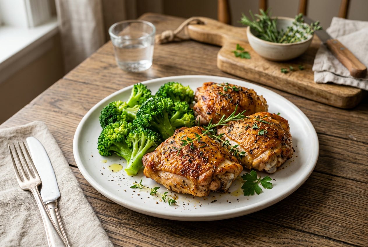 A plate with roasted chicken thighs and steamed broccoli on a wooden table.