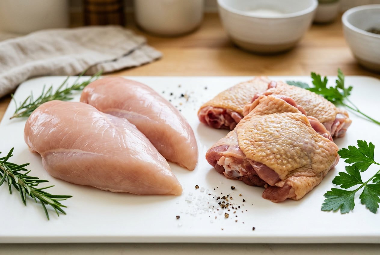 Close-up view of raw chicken thighs and chicken breasts placed side by side on a white surface with fresh herbs around them.