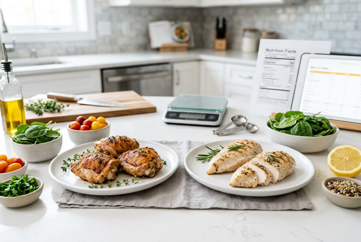 Two plates on a kitchen countertop, one with cooked chicken thighs and the other with grilled chicken breasts, surrounded by fresh vegetables and kitchen utensils.