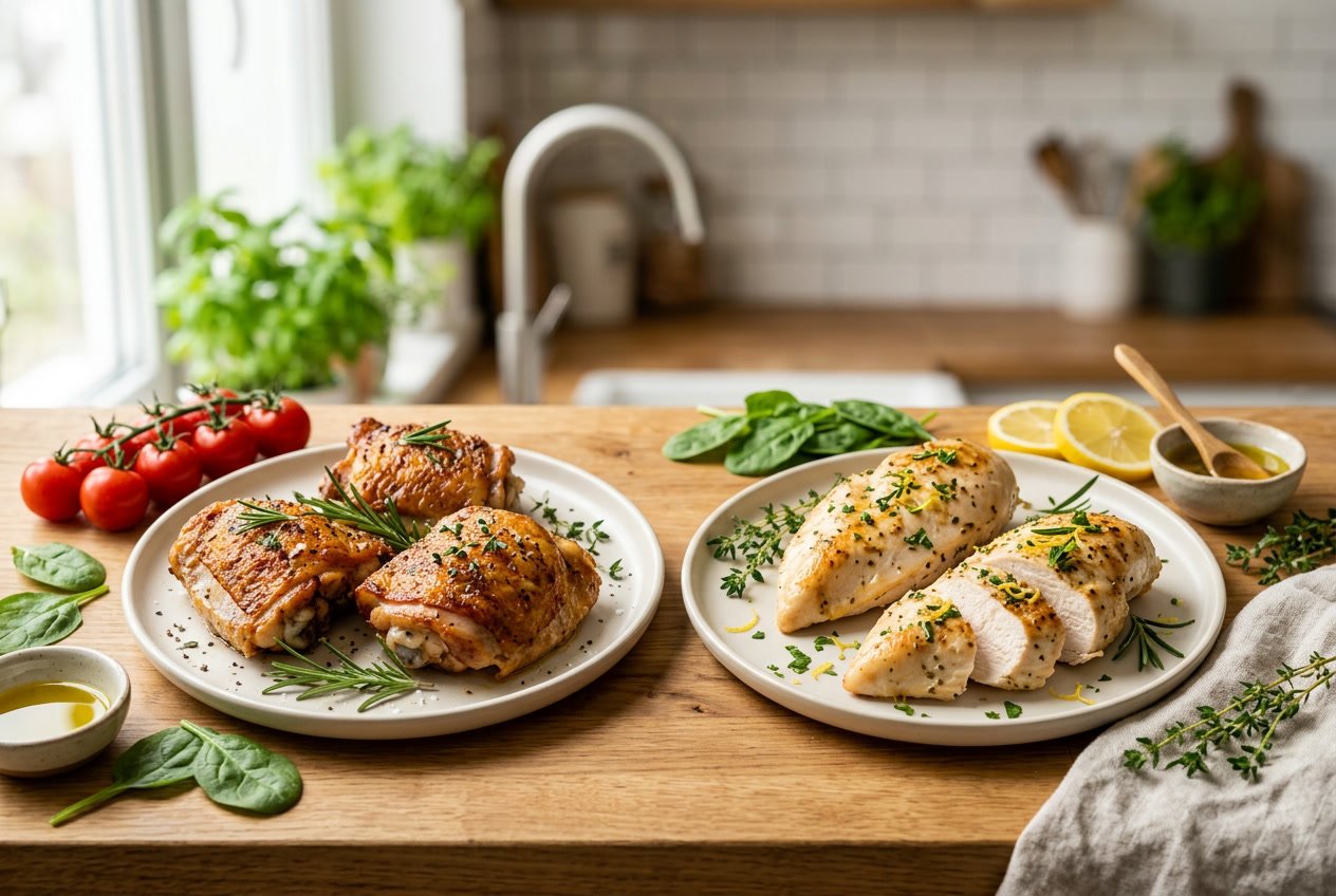 Two plates on a kitchen countertop, one with cooked chicken thighs and the other with cooked chicken breasts, surrounded by fresh vegetables and herbs.
