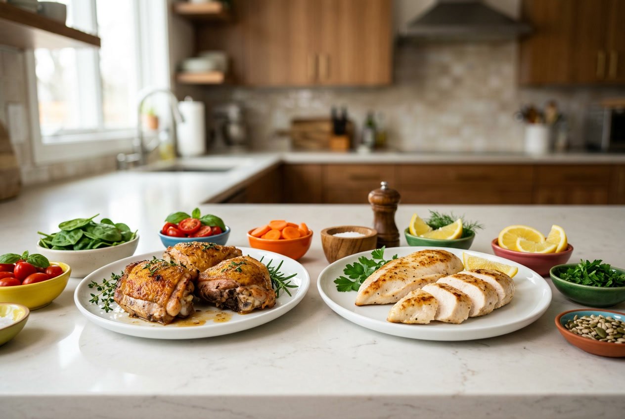 Two plates on a kitchen counter, one with cooked chicken thighs and the other with cooked chicken breasts, surrounded by fresh vegetables and lemon wedges.