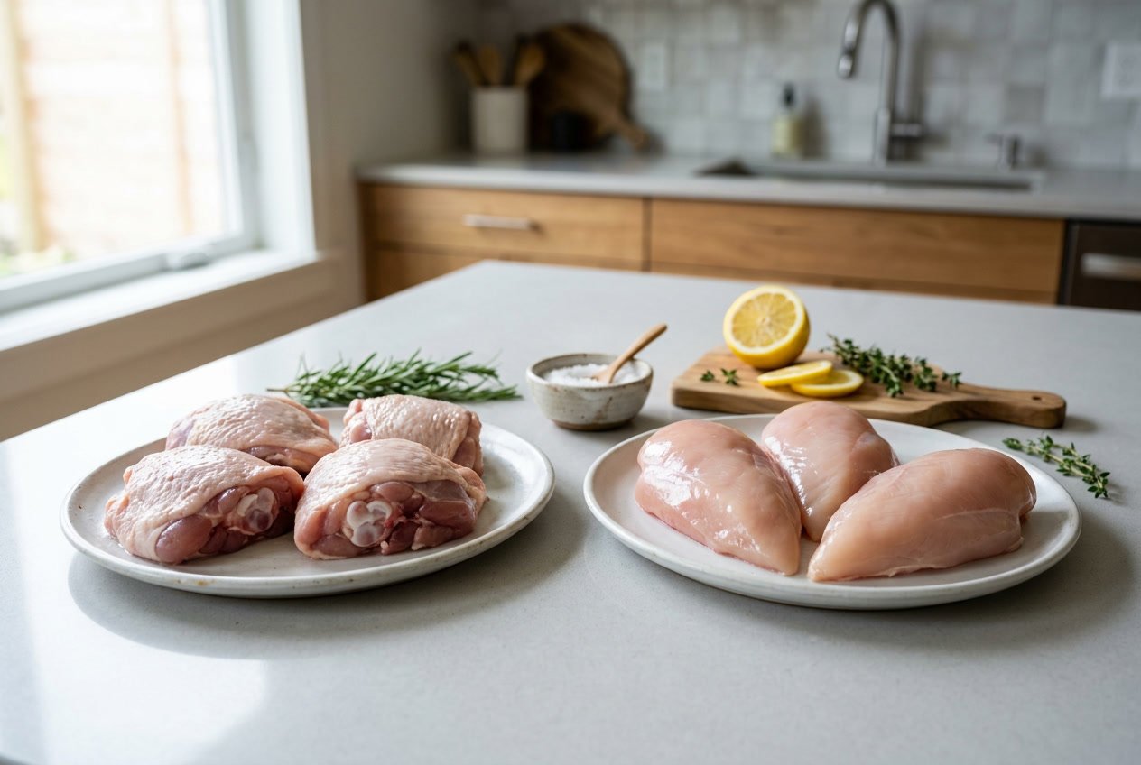 Two plates on a kitchen countertop, one with raw chicken thighs and the other with raw chicken breasts, surrounded by fresh herbs and lemon.