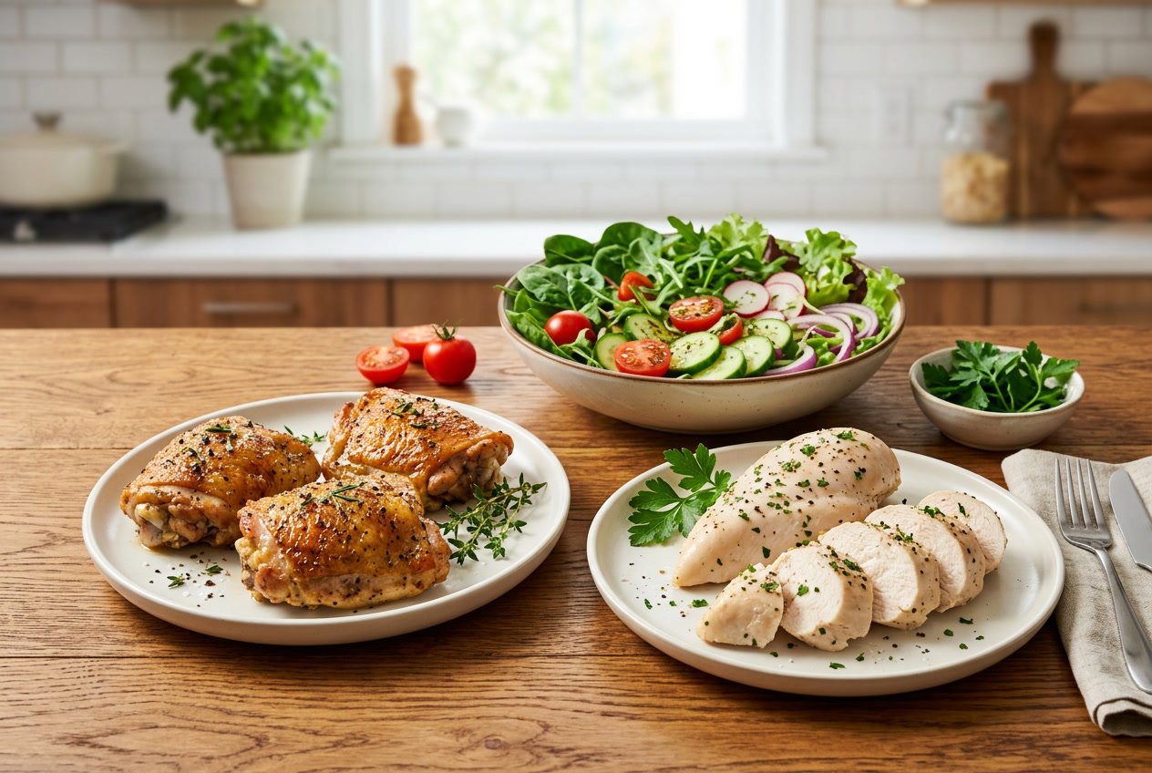 Two plates on a kitchen table, one with cooked chicken thighs and one with cooked chicken breasts, surrounded by fresh vegetables.