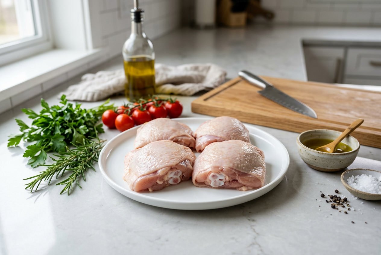 Fresh raw chicken thighs on a white plate surrounded by vegetables and herbs on a kitchen countertop.