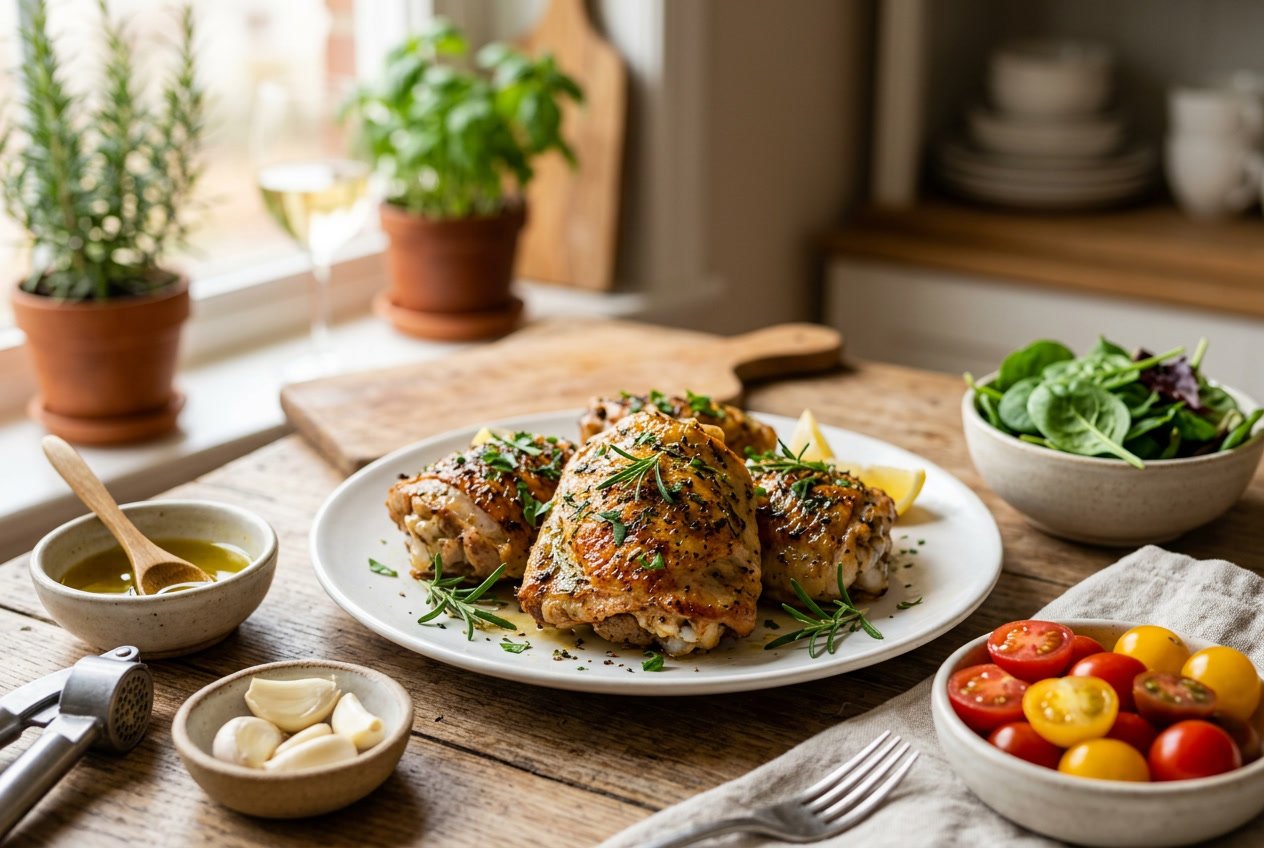 Close-up of cooked chicken thighs on a white plate garnished with fresh herbs, surrounded by small bowls of olive oil, garlic, and vegetables on a kitchen countertop.