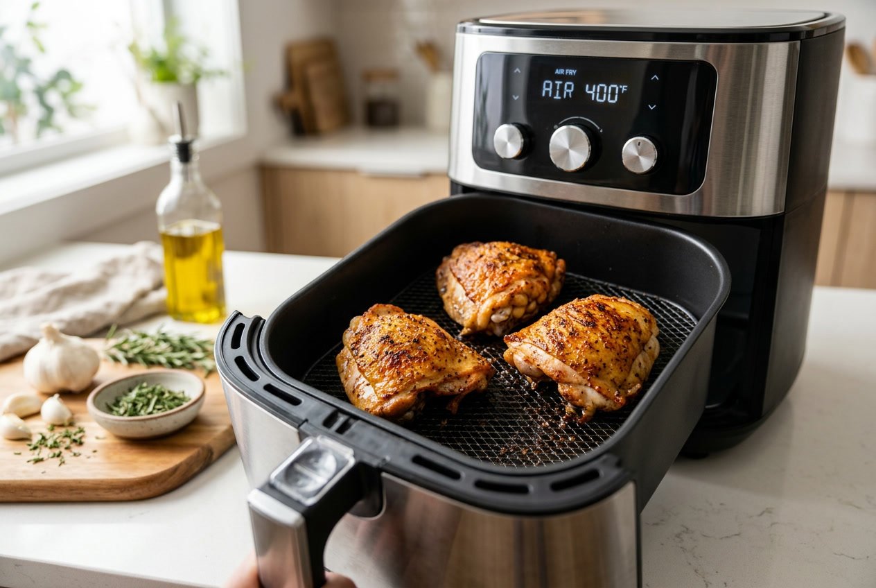 Cooked chicken thighs inside an air fryer basket in a kitchen setting.