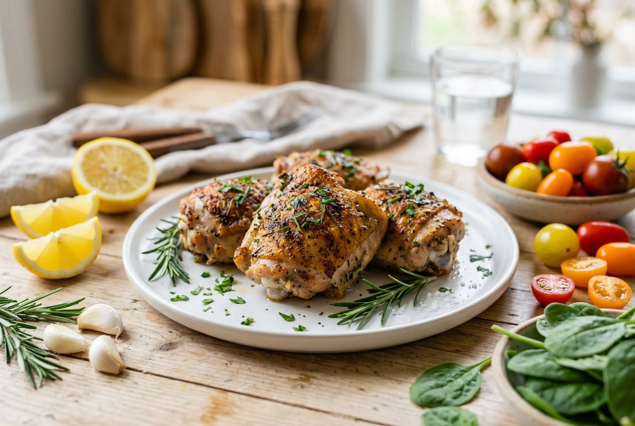 Cooked chicken thighs on a white plate garnished with herbs, surrounded by fresh vegetables and lemon slices.