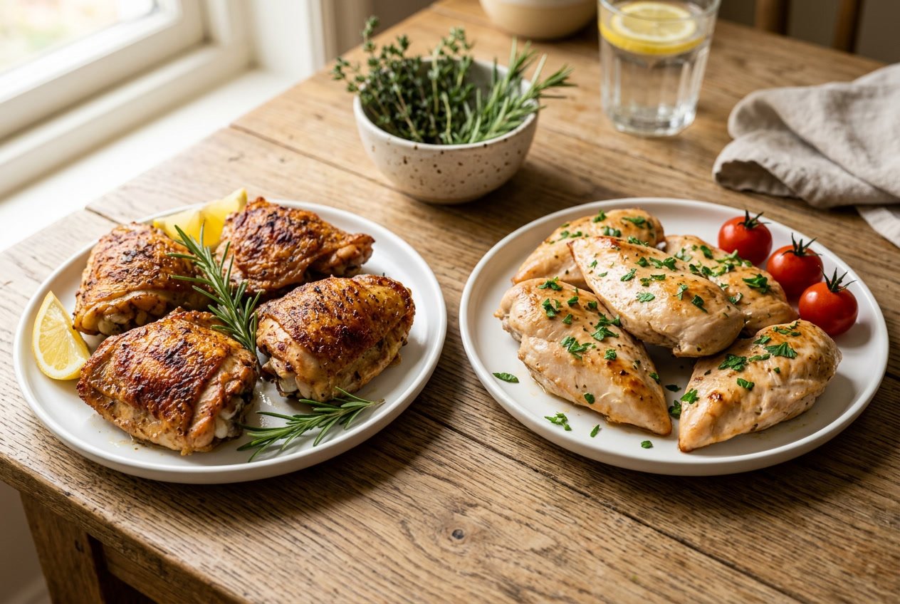 Two plates on a wooden table, one with cooked chicken thighs and the other with cooked chicken breasts, both garnished with herbs.
